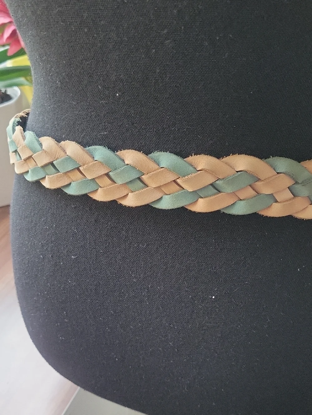 The Limited Braided Leather Tan and Green Belt with Gold Buckle